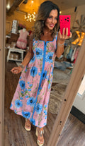 Hibiscus and Pink Striped Midi Dress