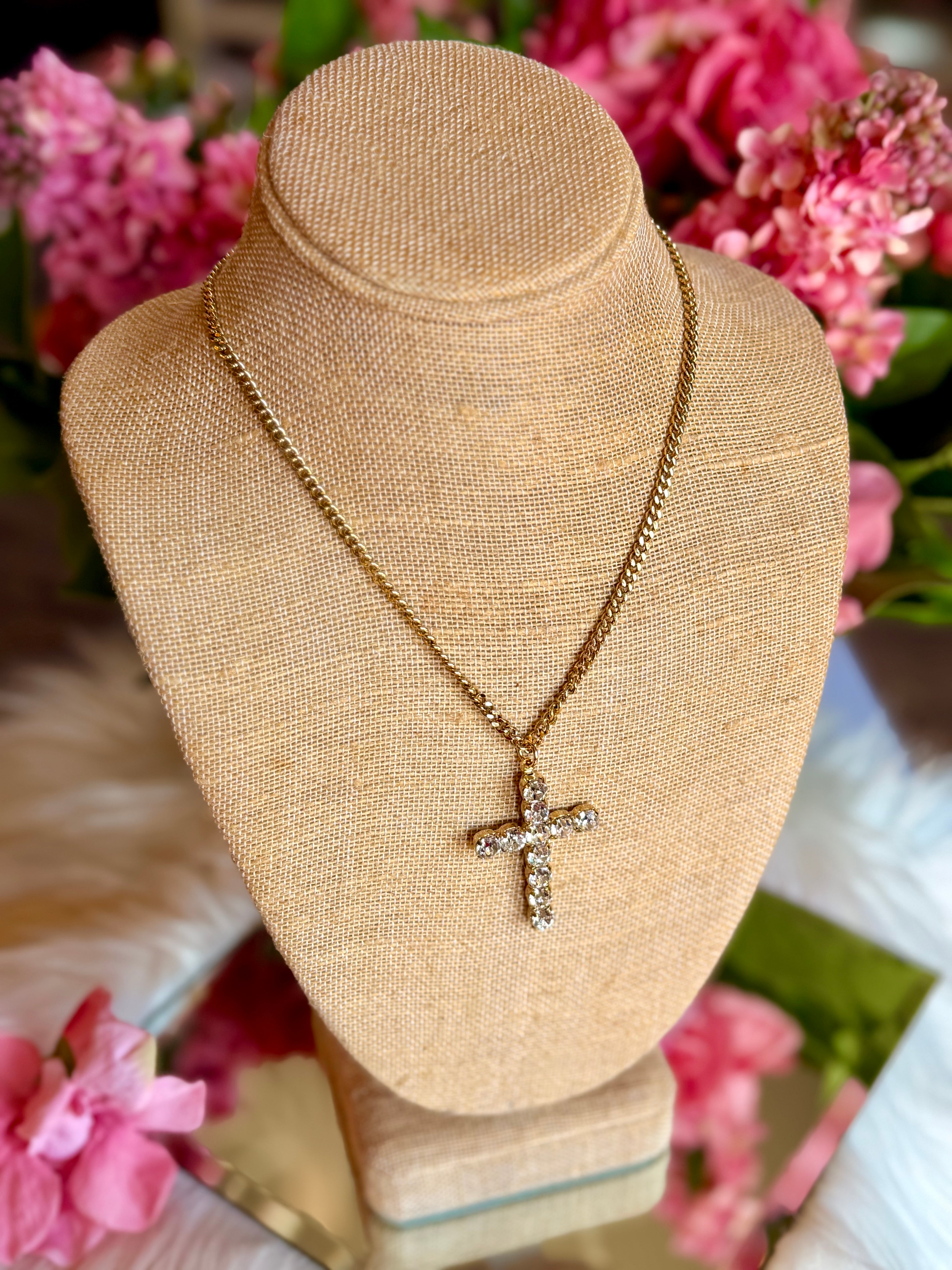 TOVA Rhinestone Cross Necklace Gold