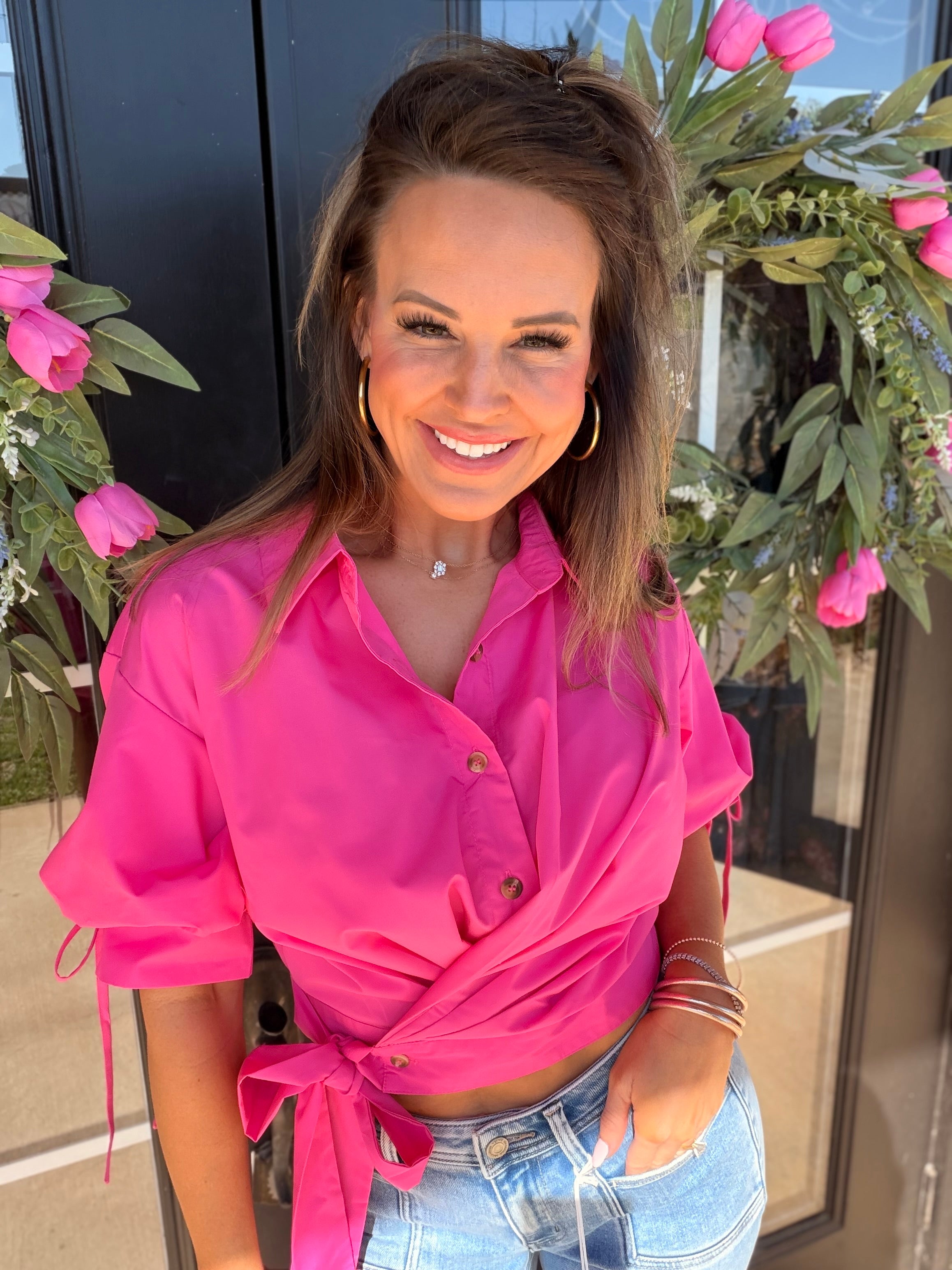 Gimme Personality Tie Waist Blouse in Pink
