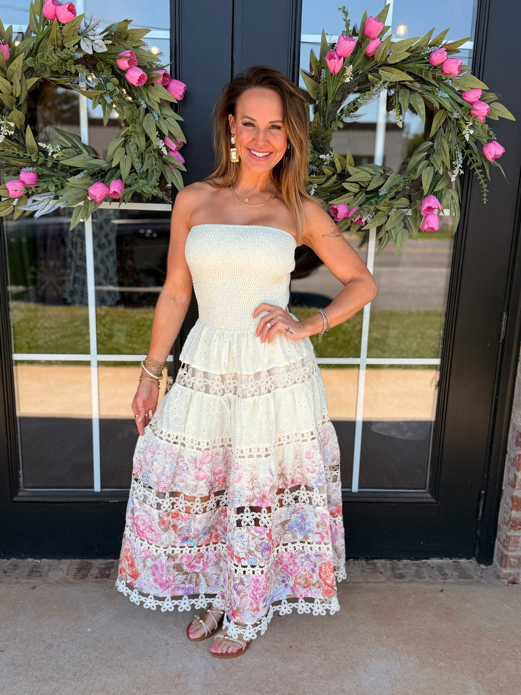 Hidden Floral Eyelet Strapless Midi Dress