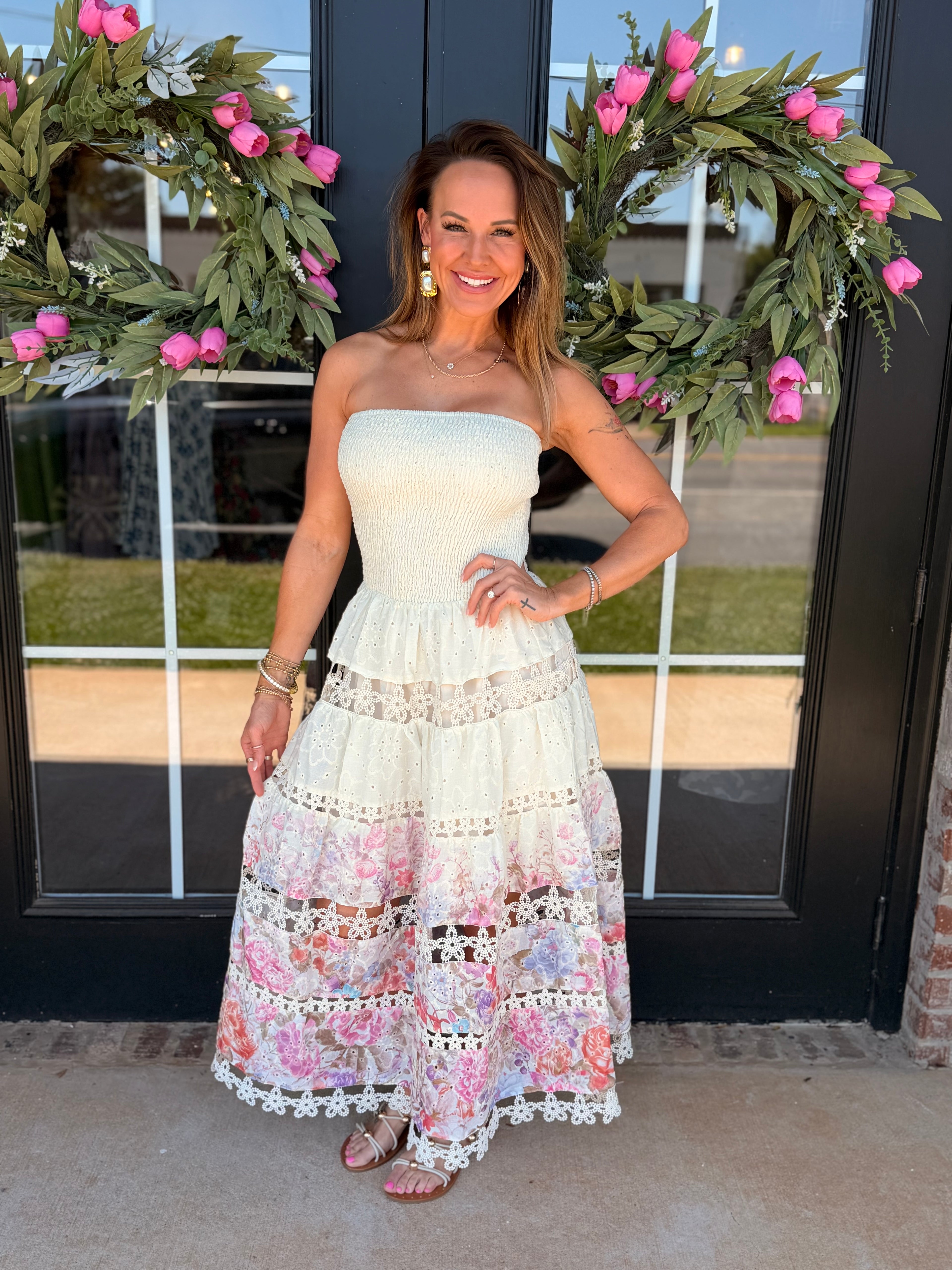 Hidden Floral Eyelet Strapless Midi Dress