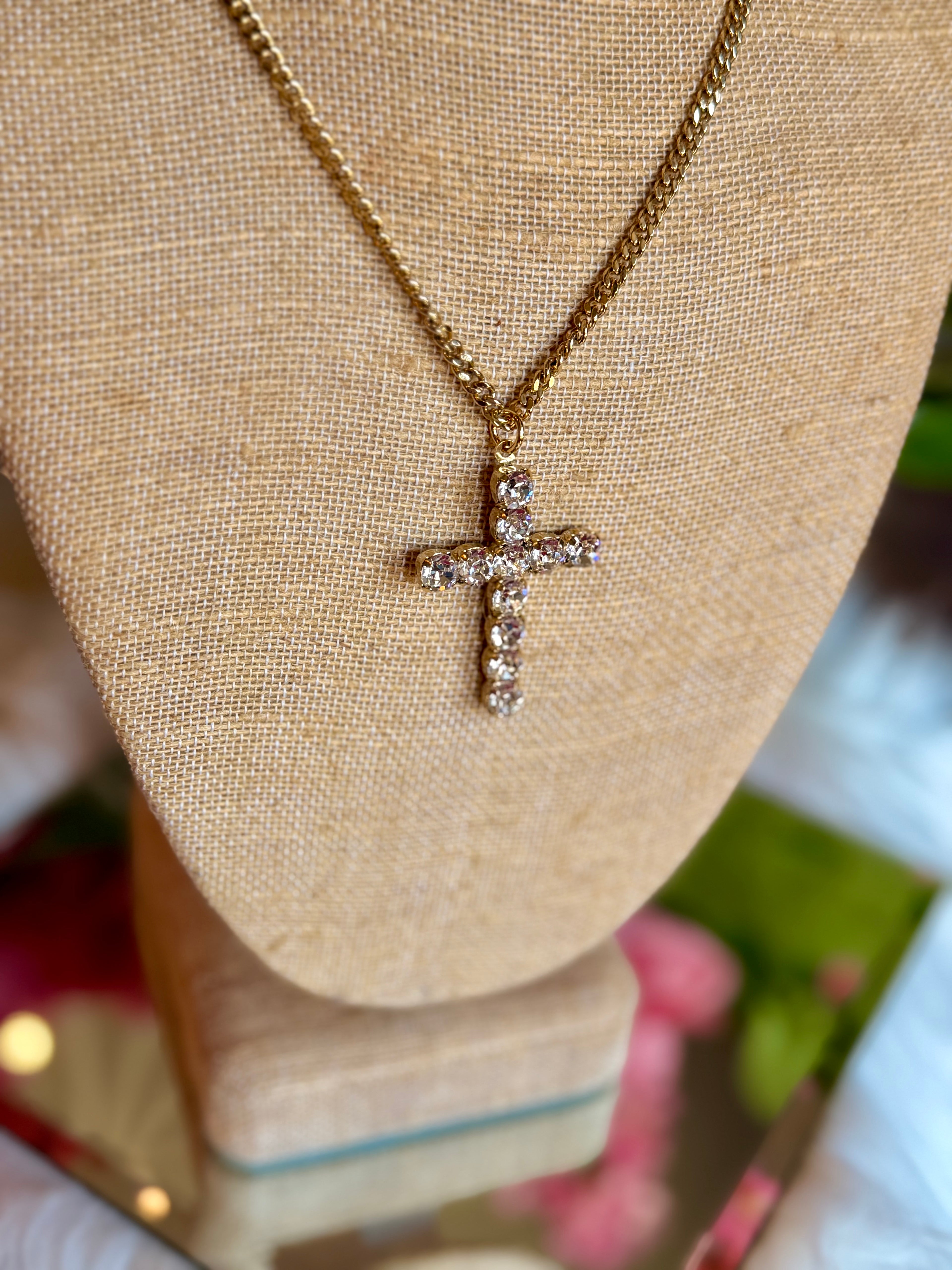 TOVA Rhinestone Cross Necklace Gold