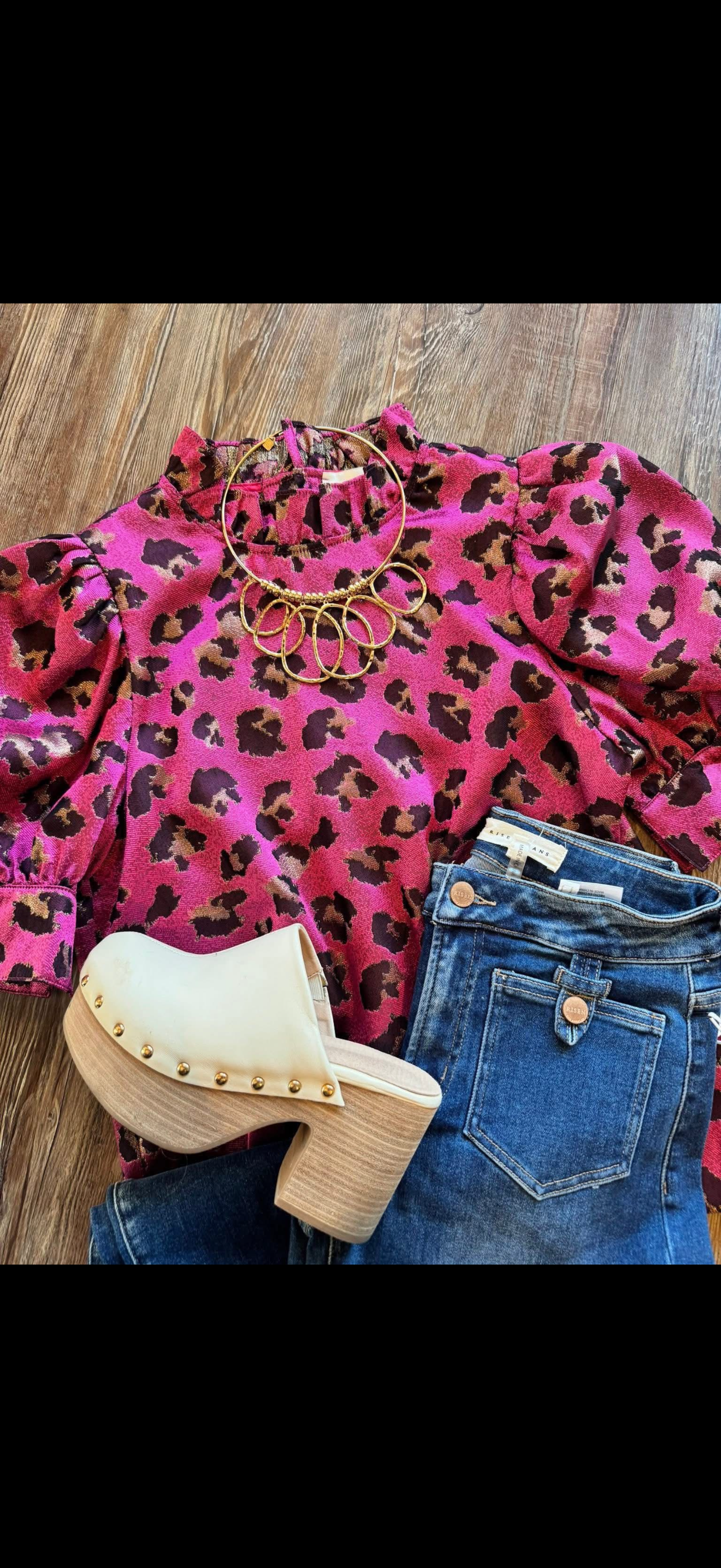 Pink Leopard Puff Sleeve Blouse