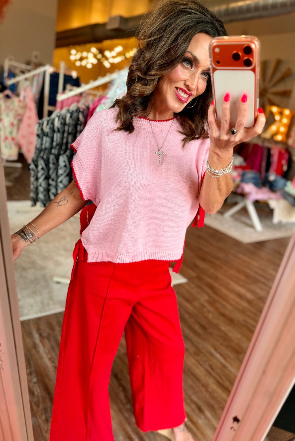 Side Tie top in Red/Pink