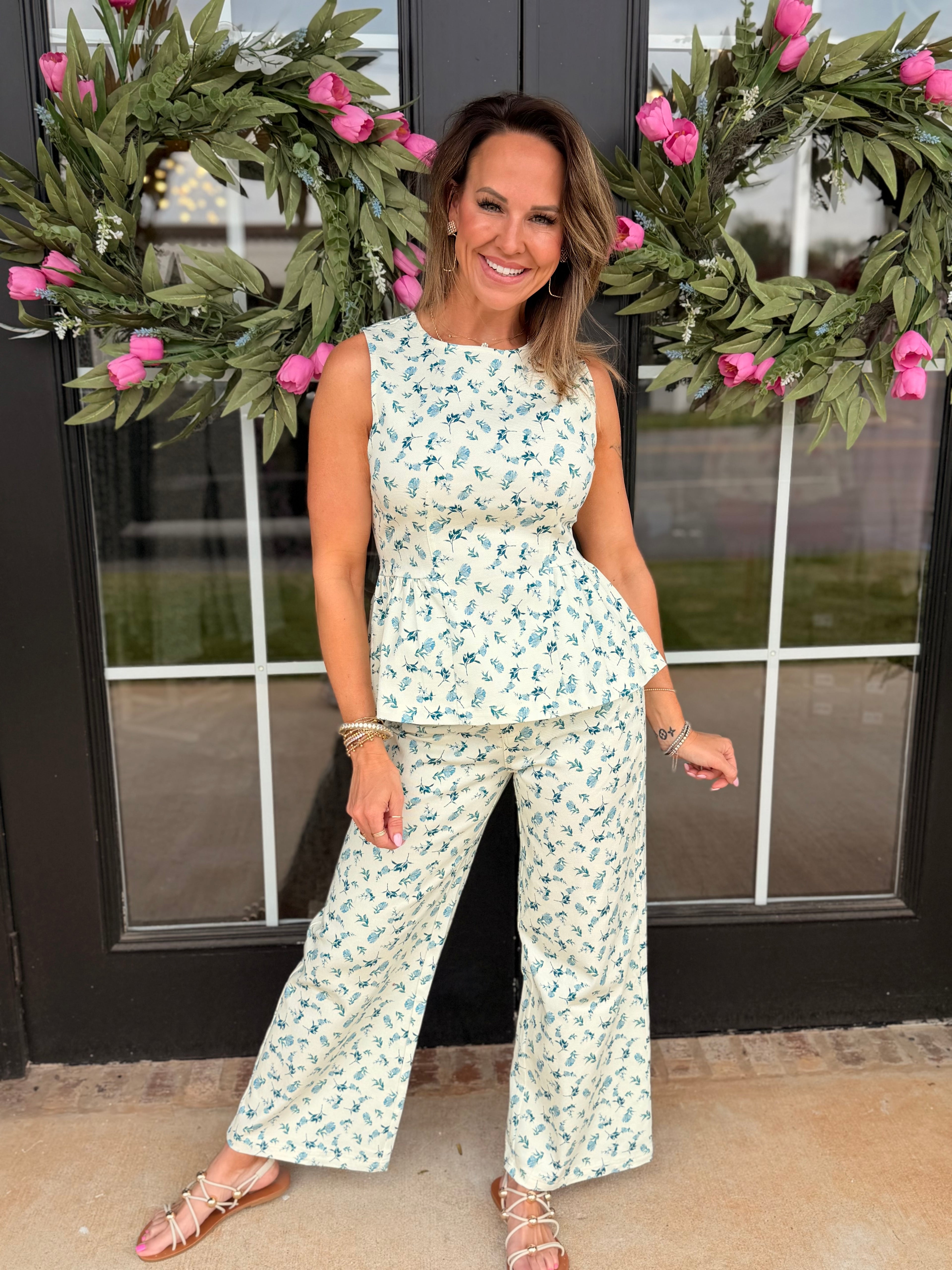 Ditsy Floral Peplum Pant Set in Blue