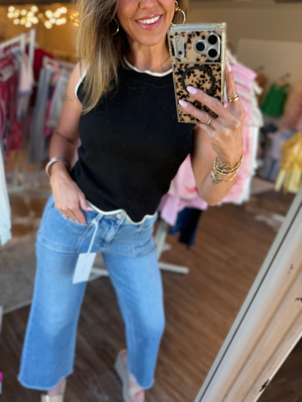 Scalloped Sleeveless Top in Black