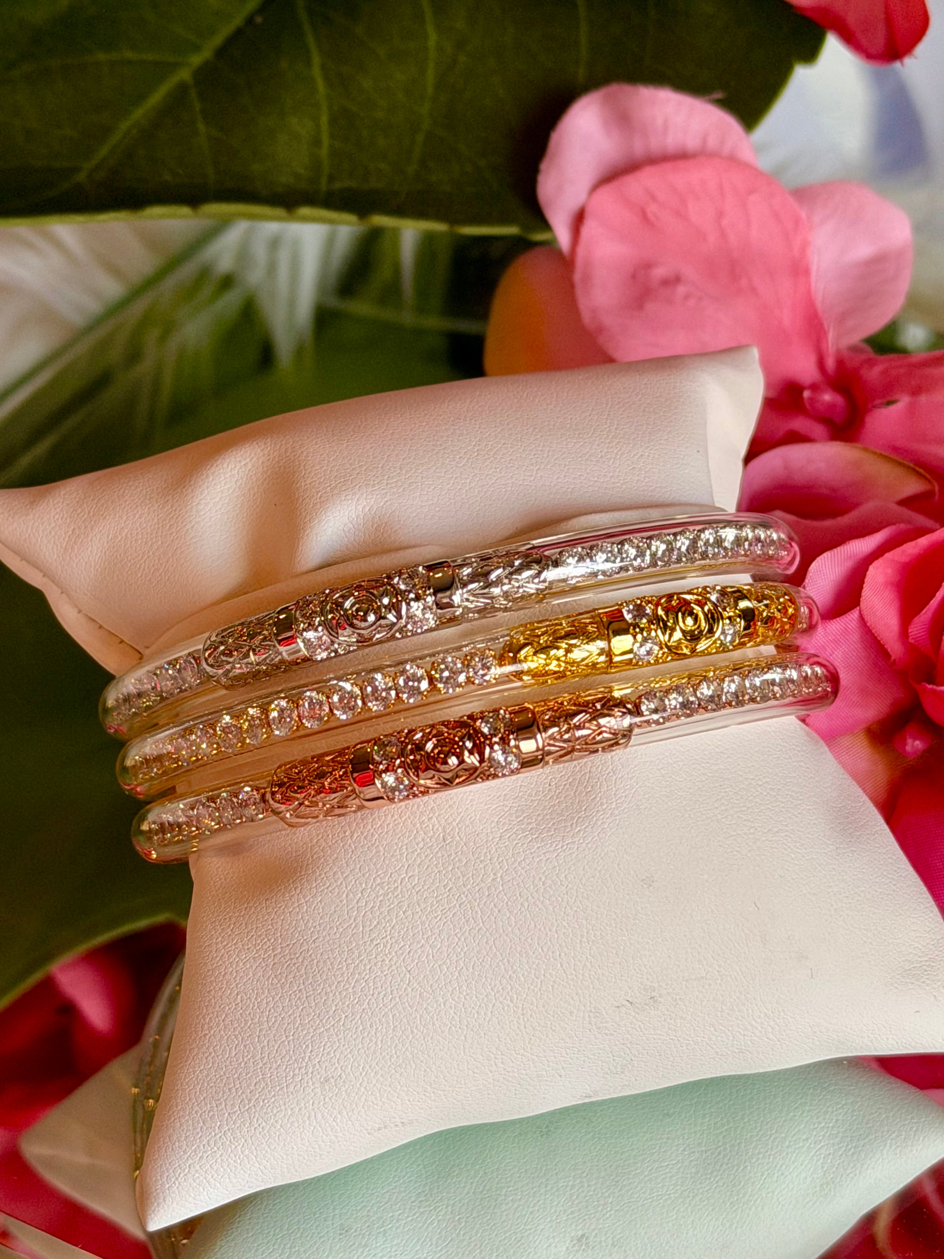 BuDhaGirl Three Queens All Weather Bangles (3) in Clear Crystal