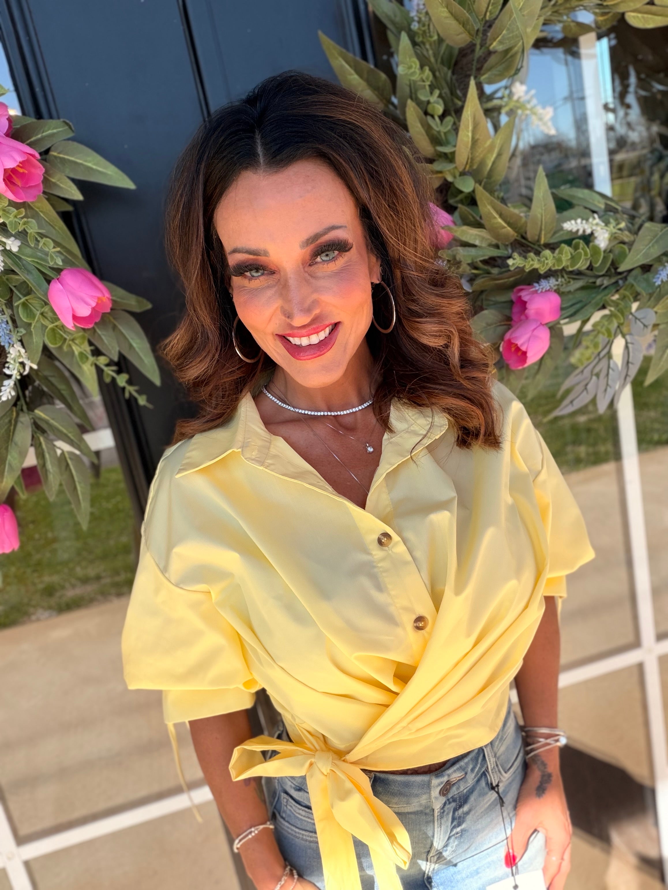 Gimme Personality Tie Waist Blouse in Yellow