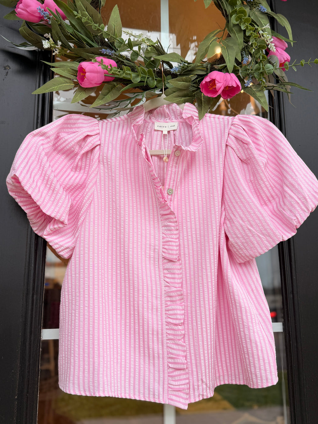 Seersucker Puff Sleeve Blouse