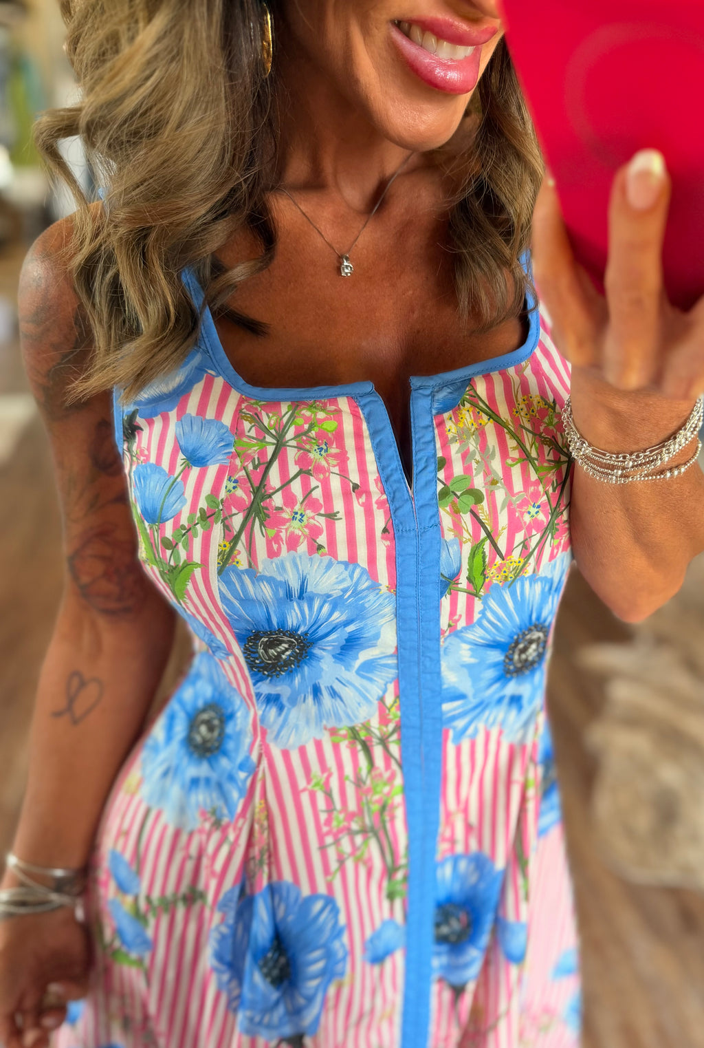 Hibiscus and Pink Striped Midi Dress