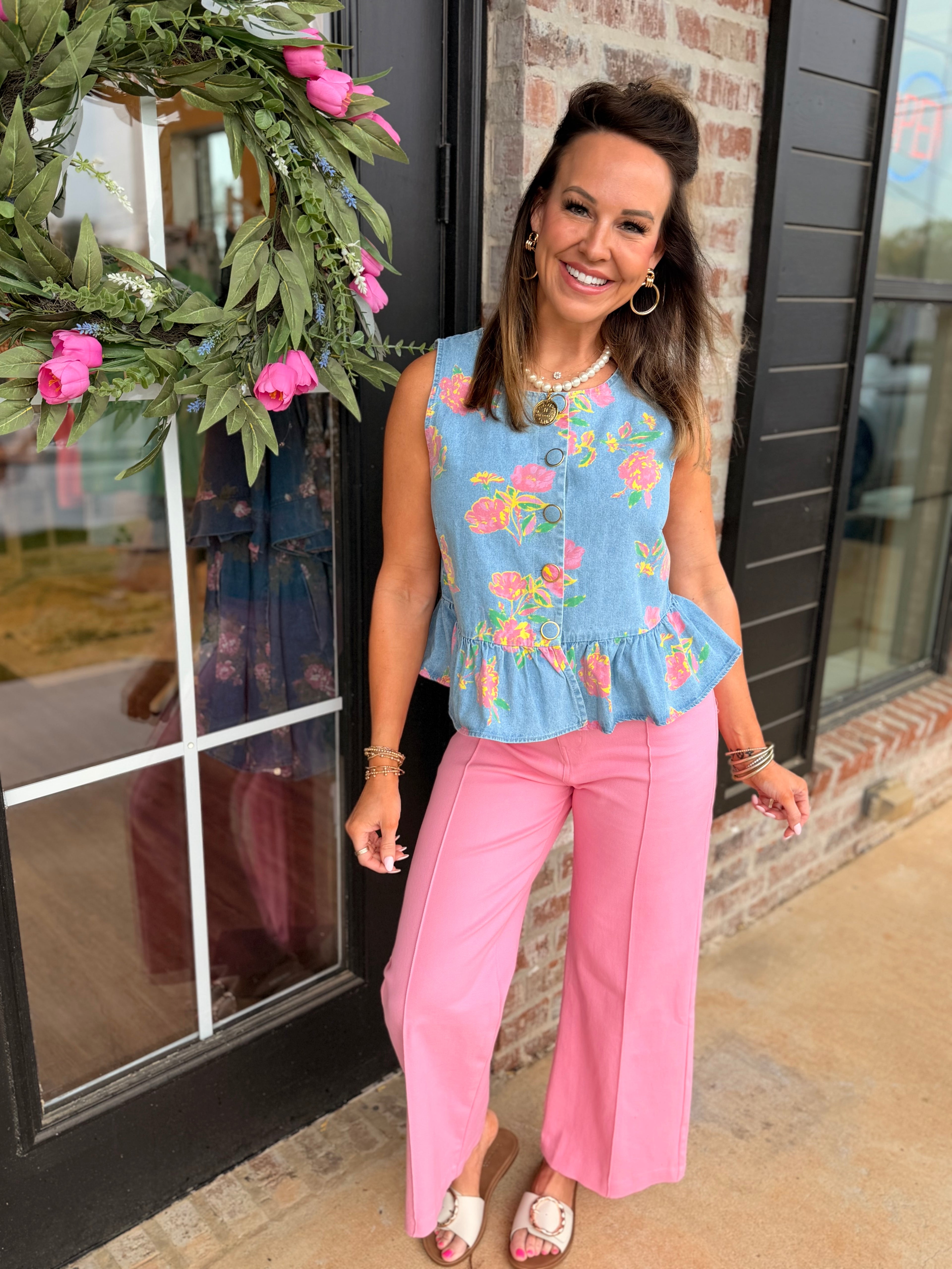 Bright Florals Denim Peplum Top