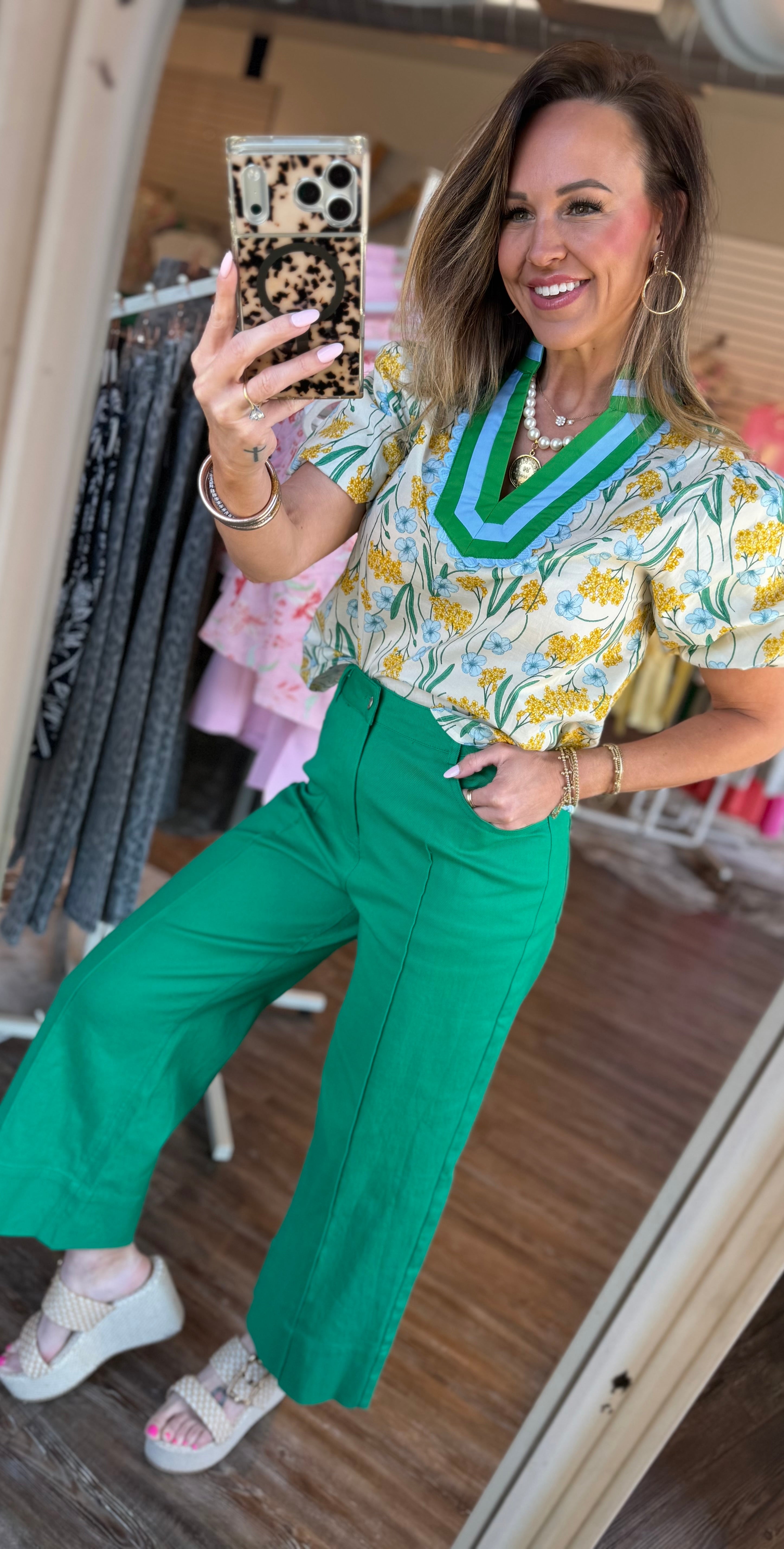 Pintuck Crop Pant in Green