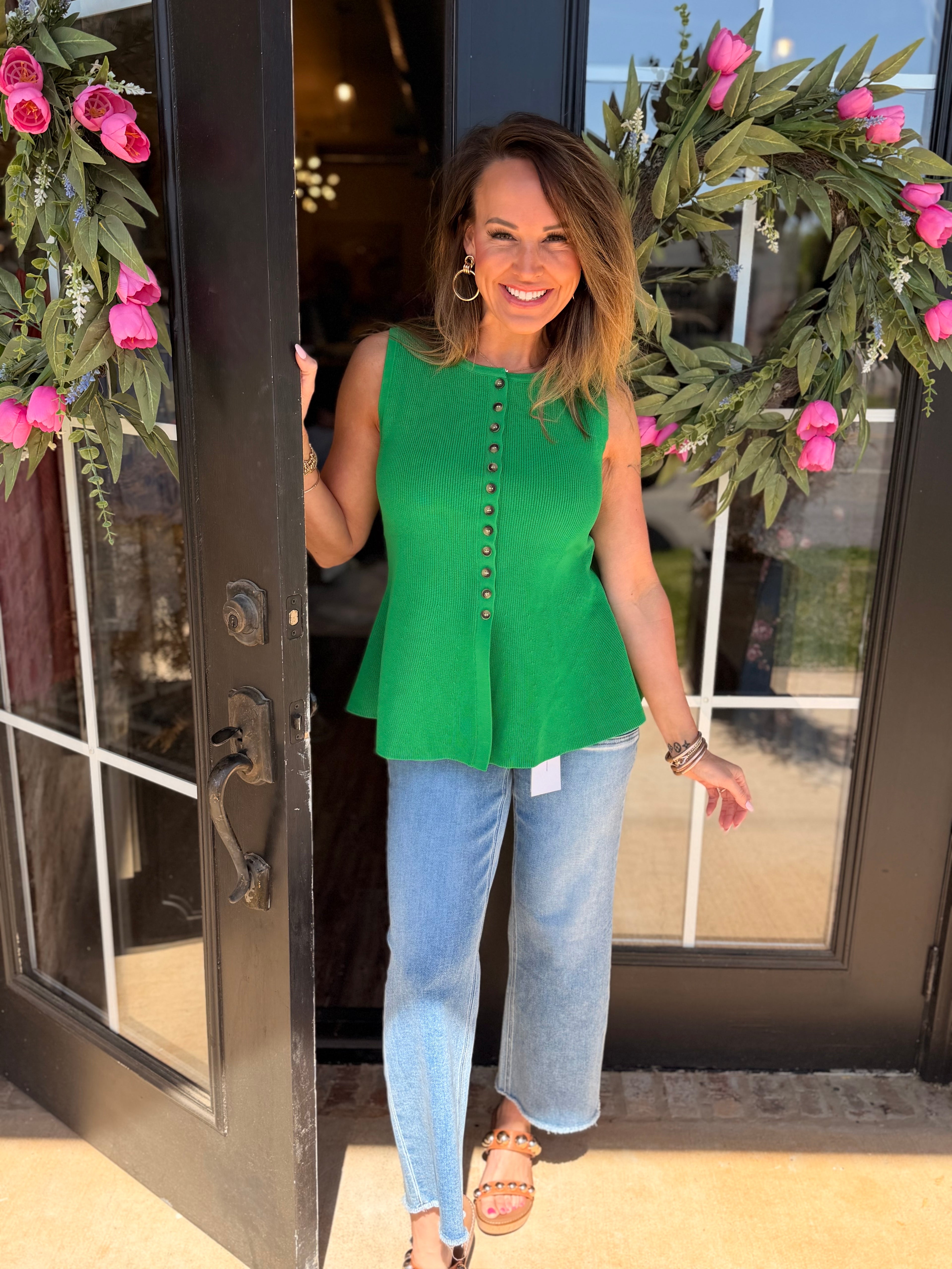 Gimme Gimme Green Buttoned Flare Top