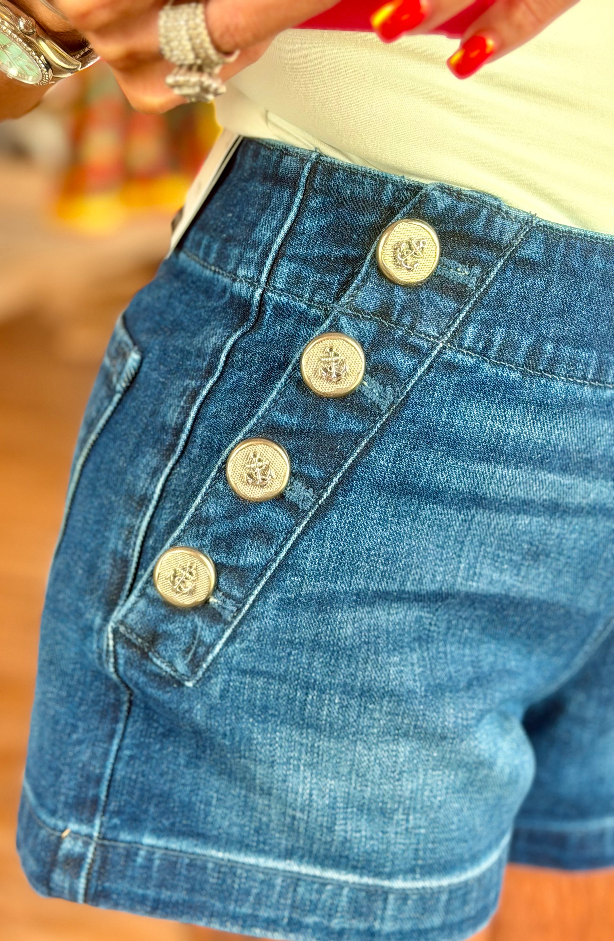 Anchor Button Denim Sailor Shorts by KanCan