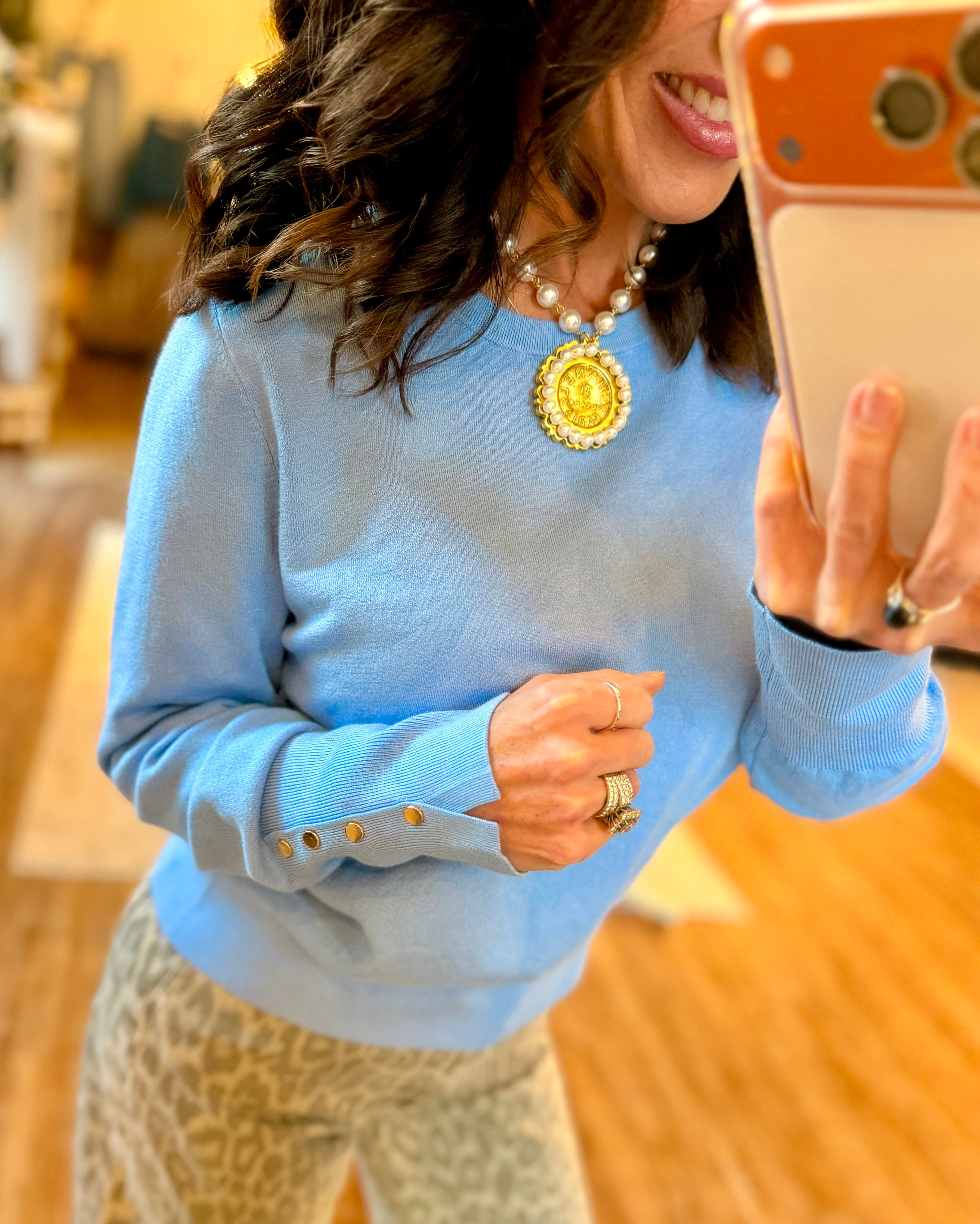 Spring Lightweight Sweater with Studded cuff in Blue