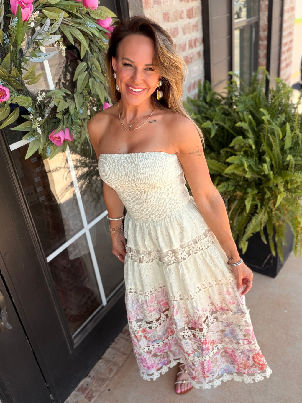 Hidden Floral Eyelet Strapless Midi Dress