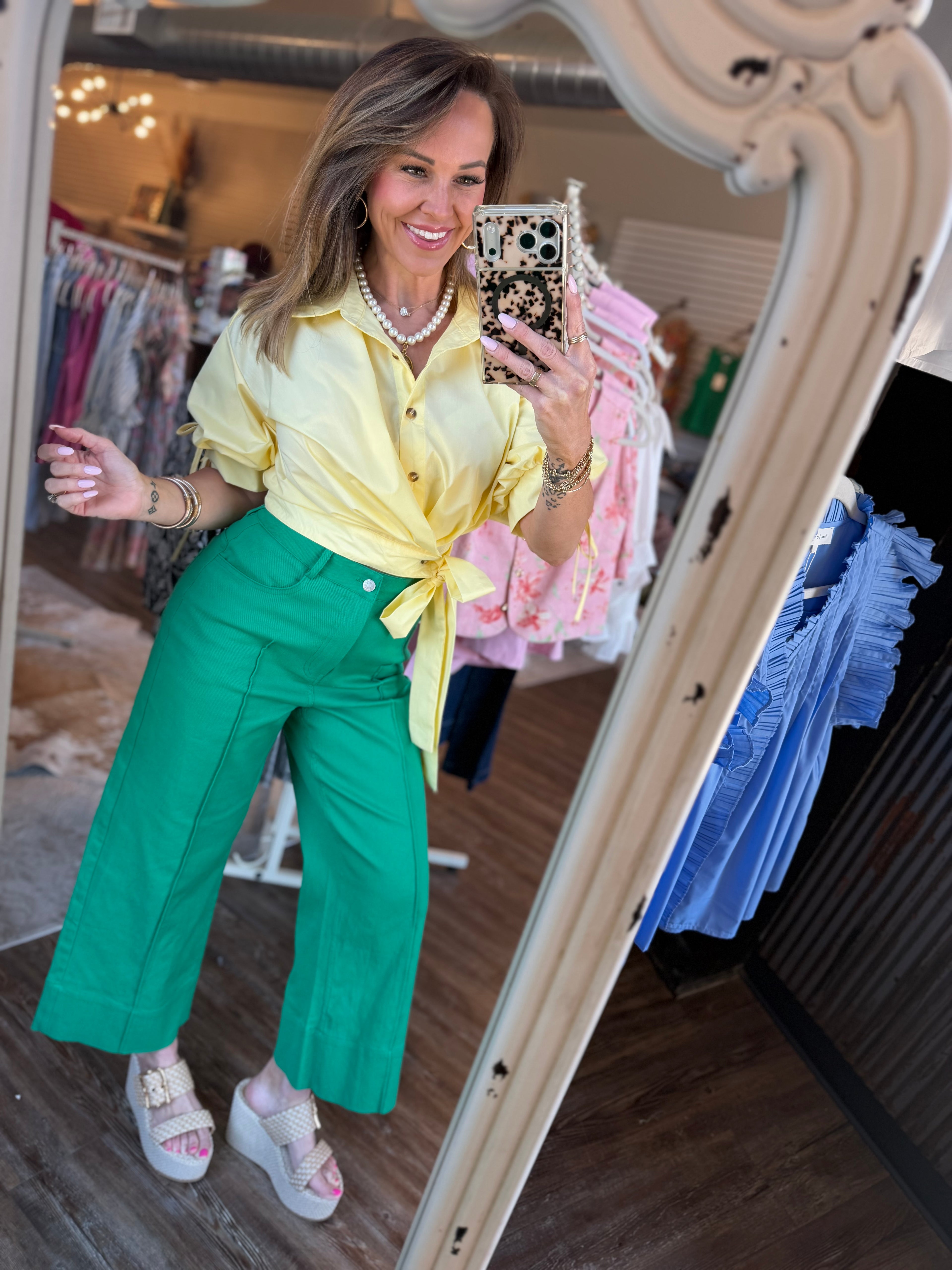 Pintuck Crop Pant in Green