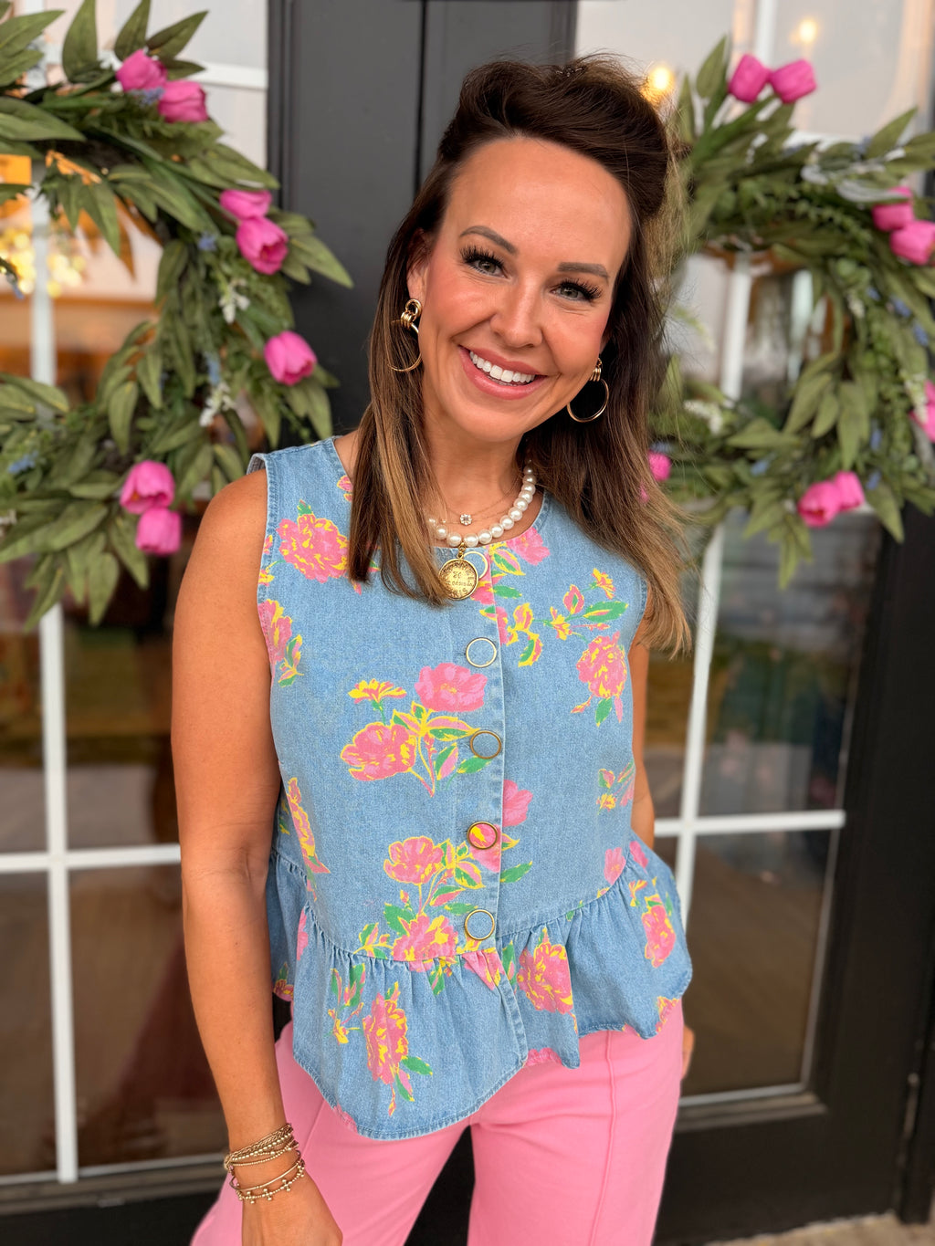 Bright Florals Denim Peplum Top