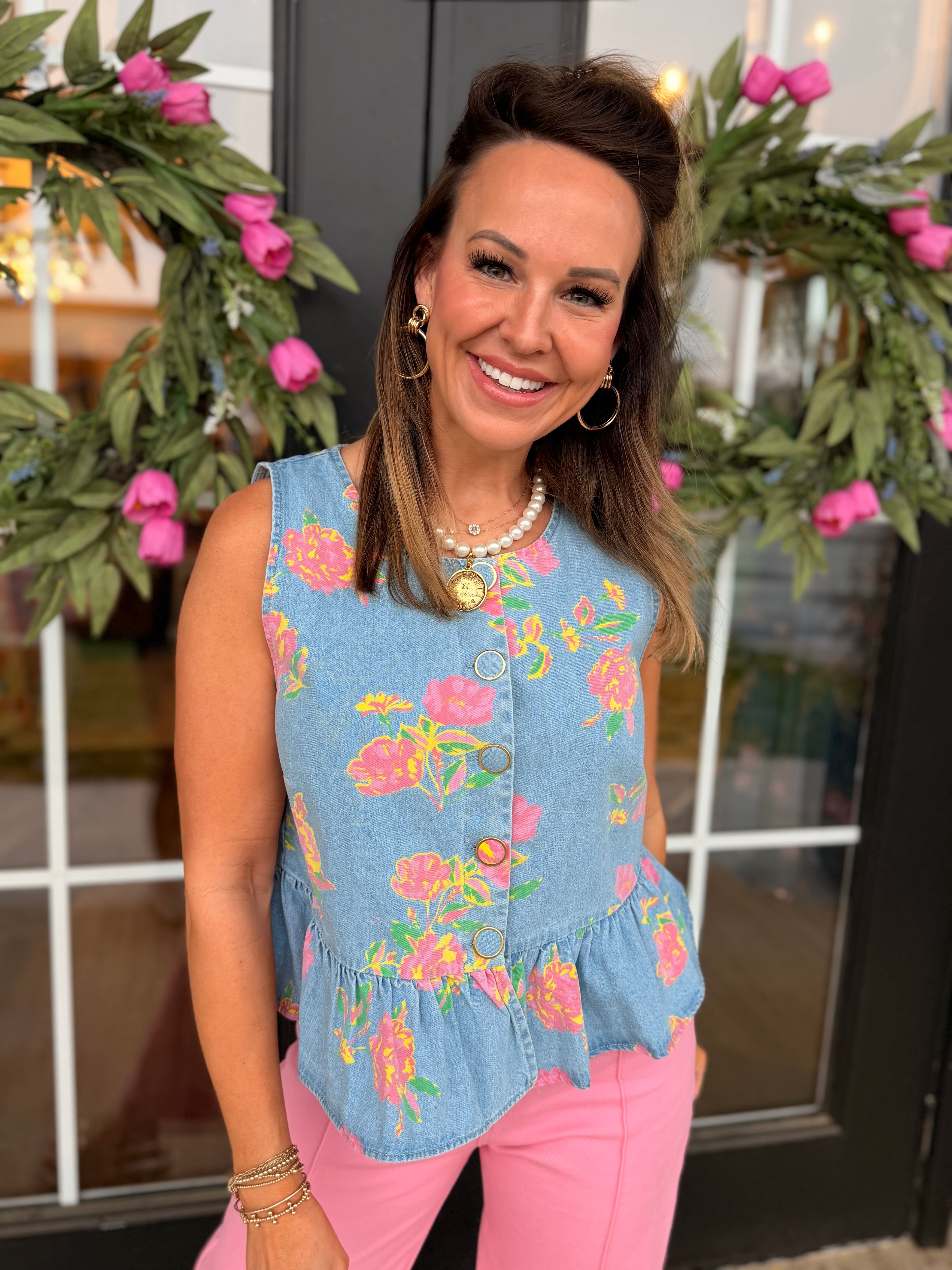 Bright Florals Denim Peplum Top