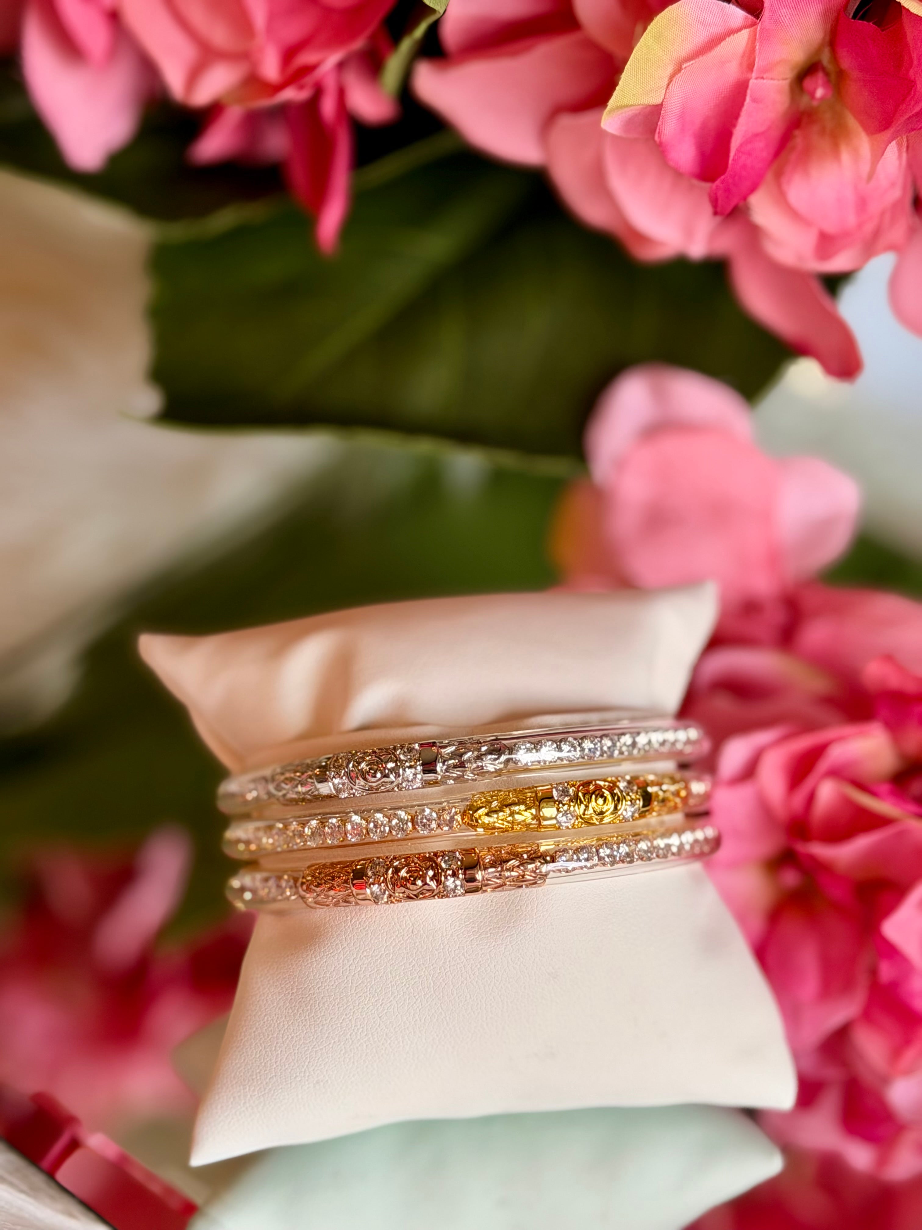 BuDhaGirl Three Queens All Weather Bangles (3) in Clear Crystal
