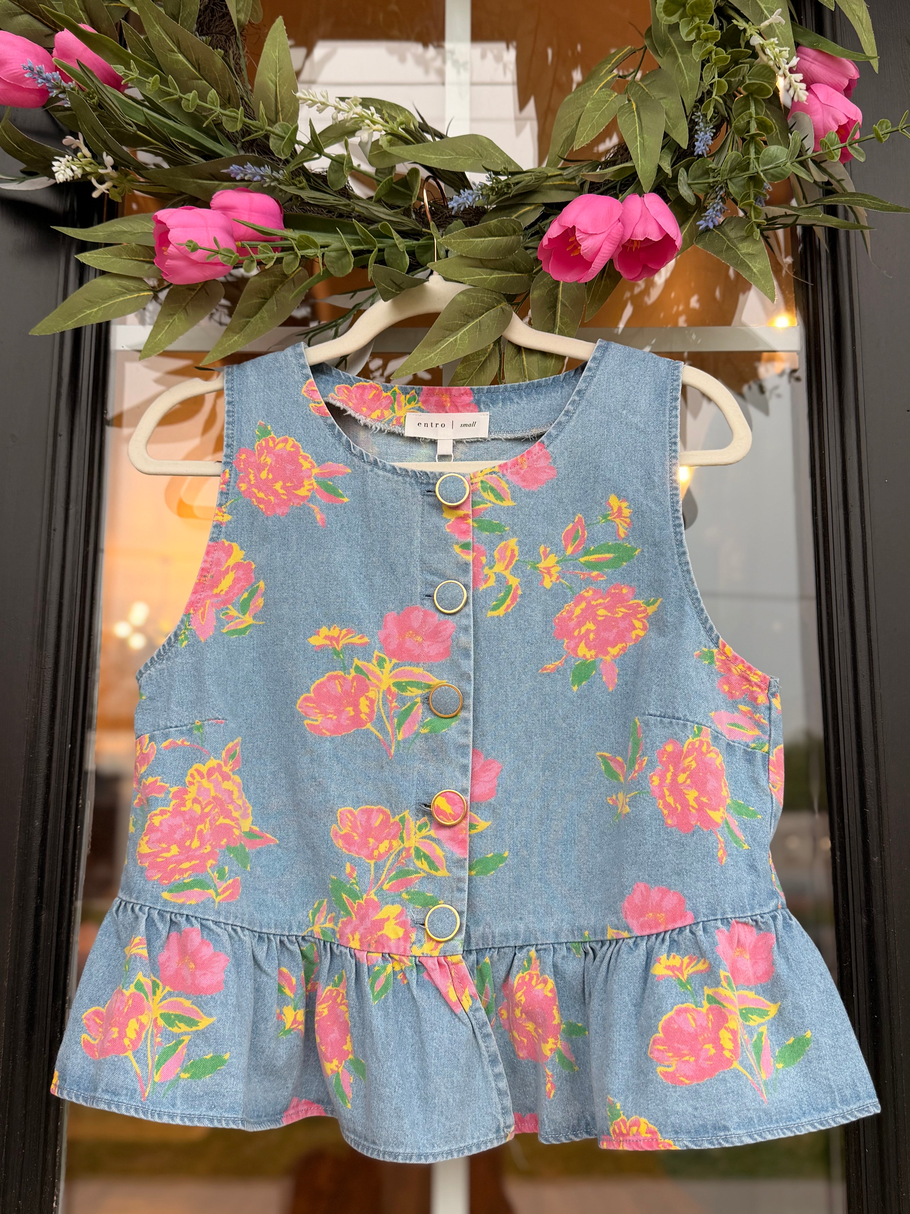 Bright Florals Denim Peplum Top