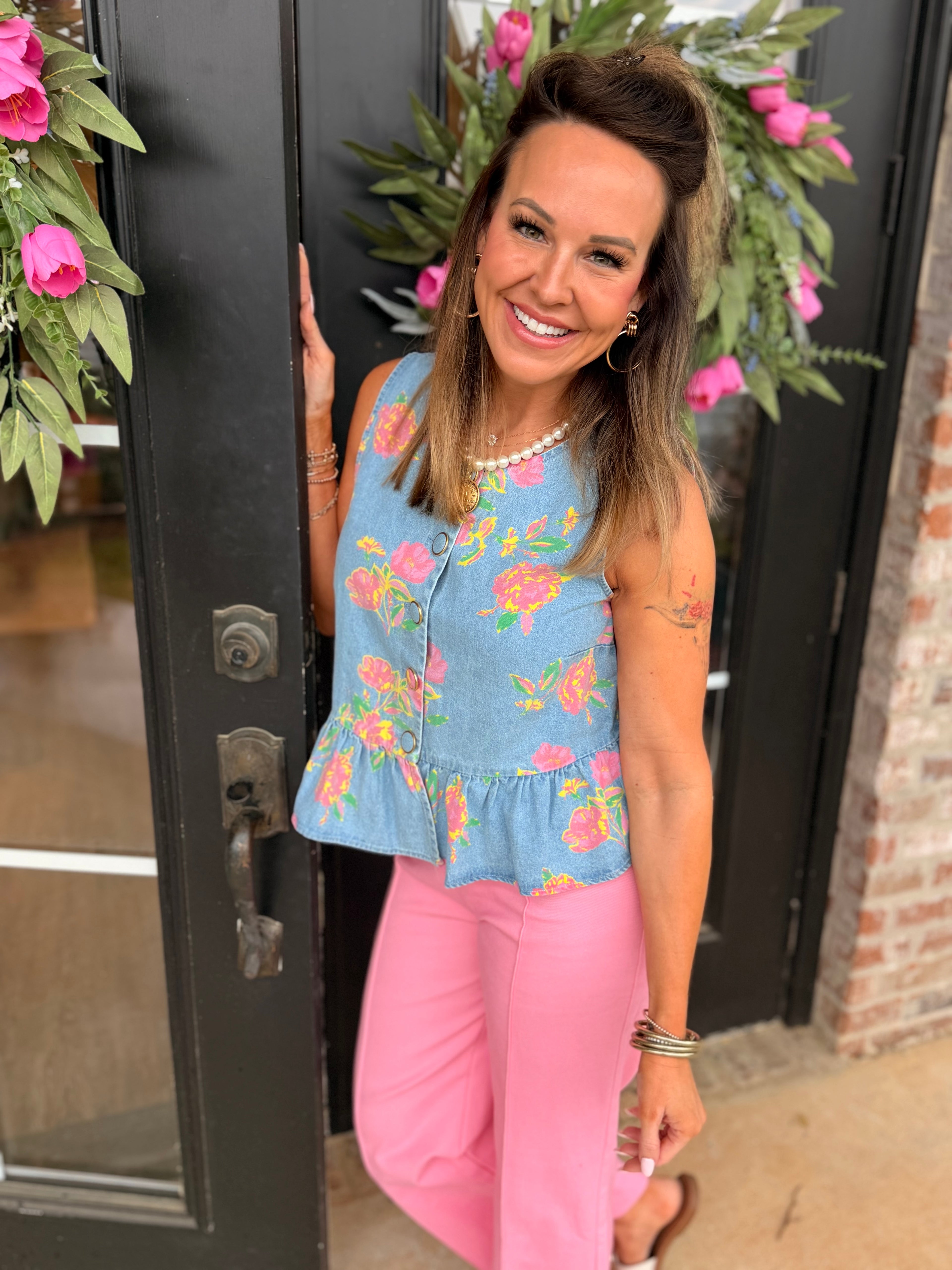 Bright Florals Denim Peplum Top
