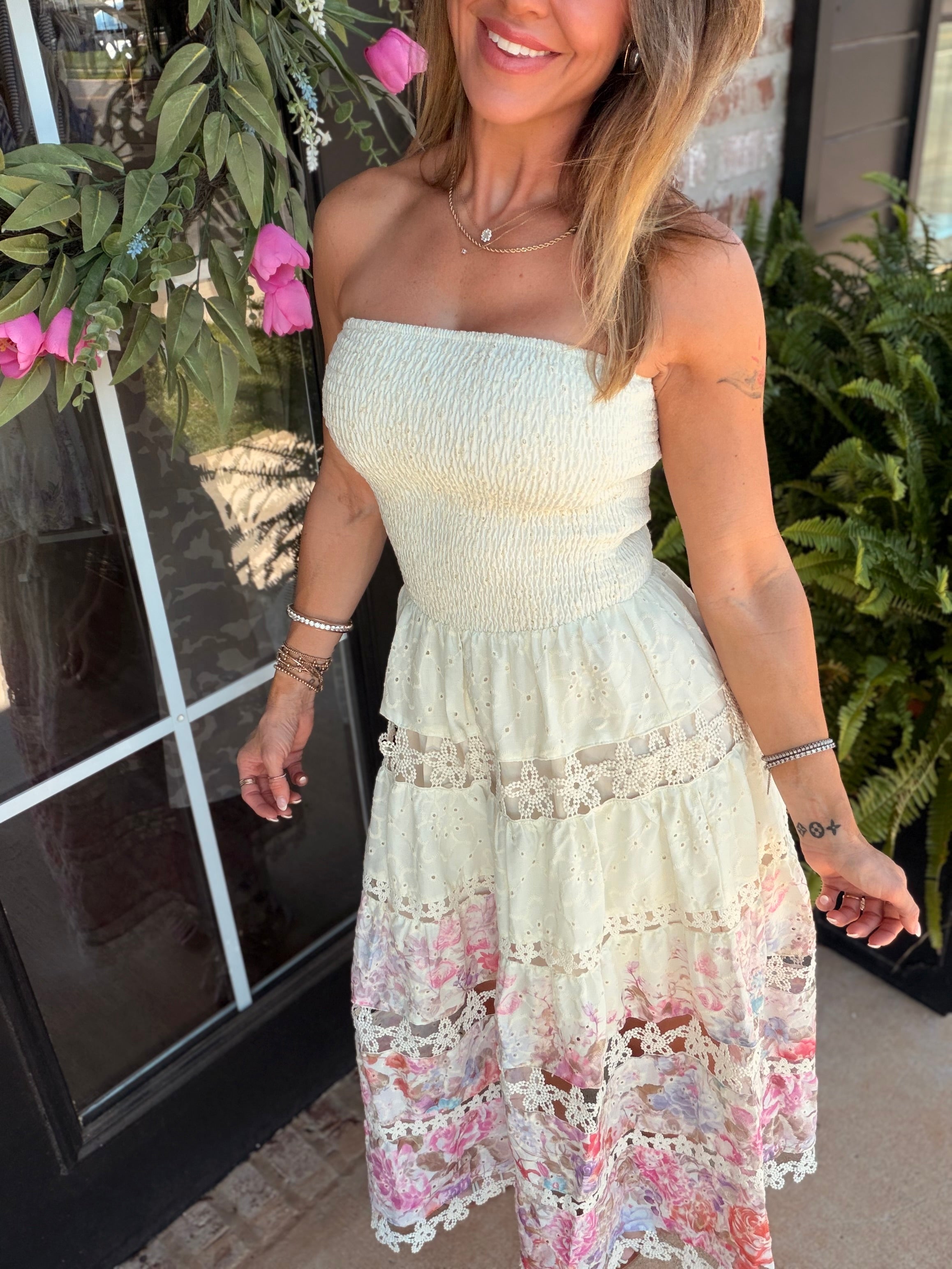 Hidden Floral Eyelet Strapless Midi Dress