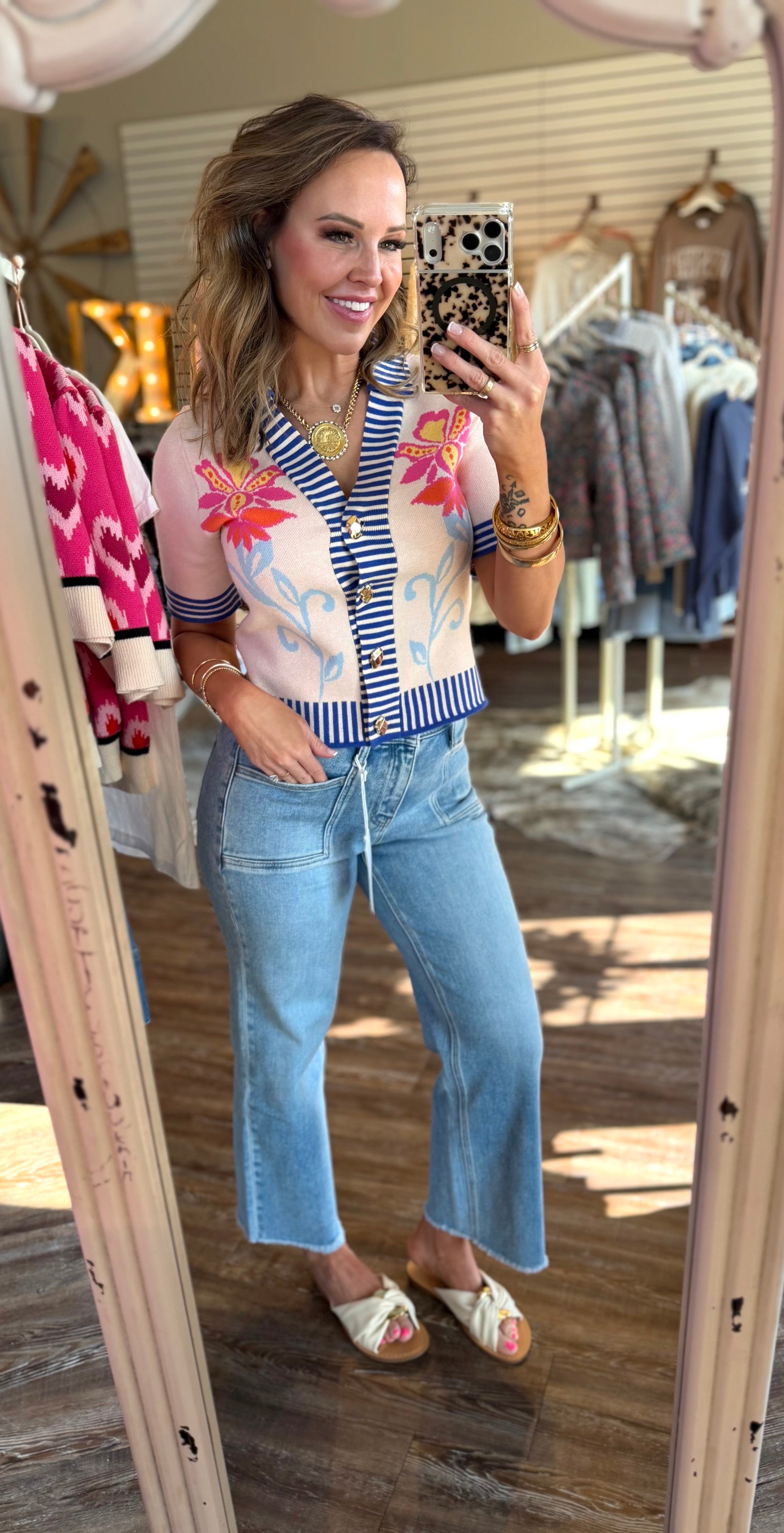 White Floral Sweater Short Sleeve