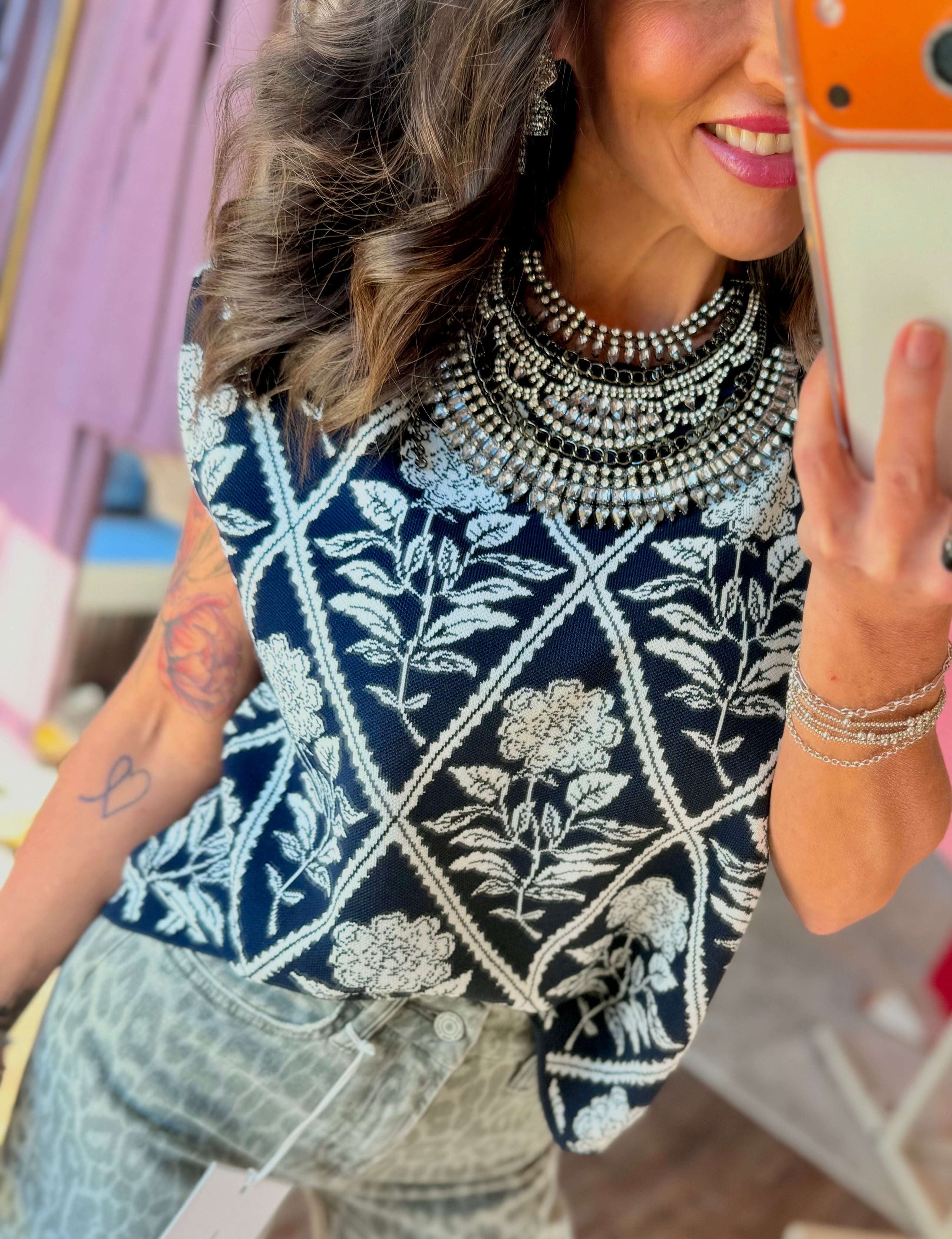 Floral Diamond Top in Navy