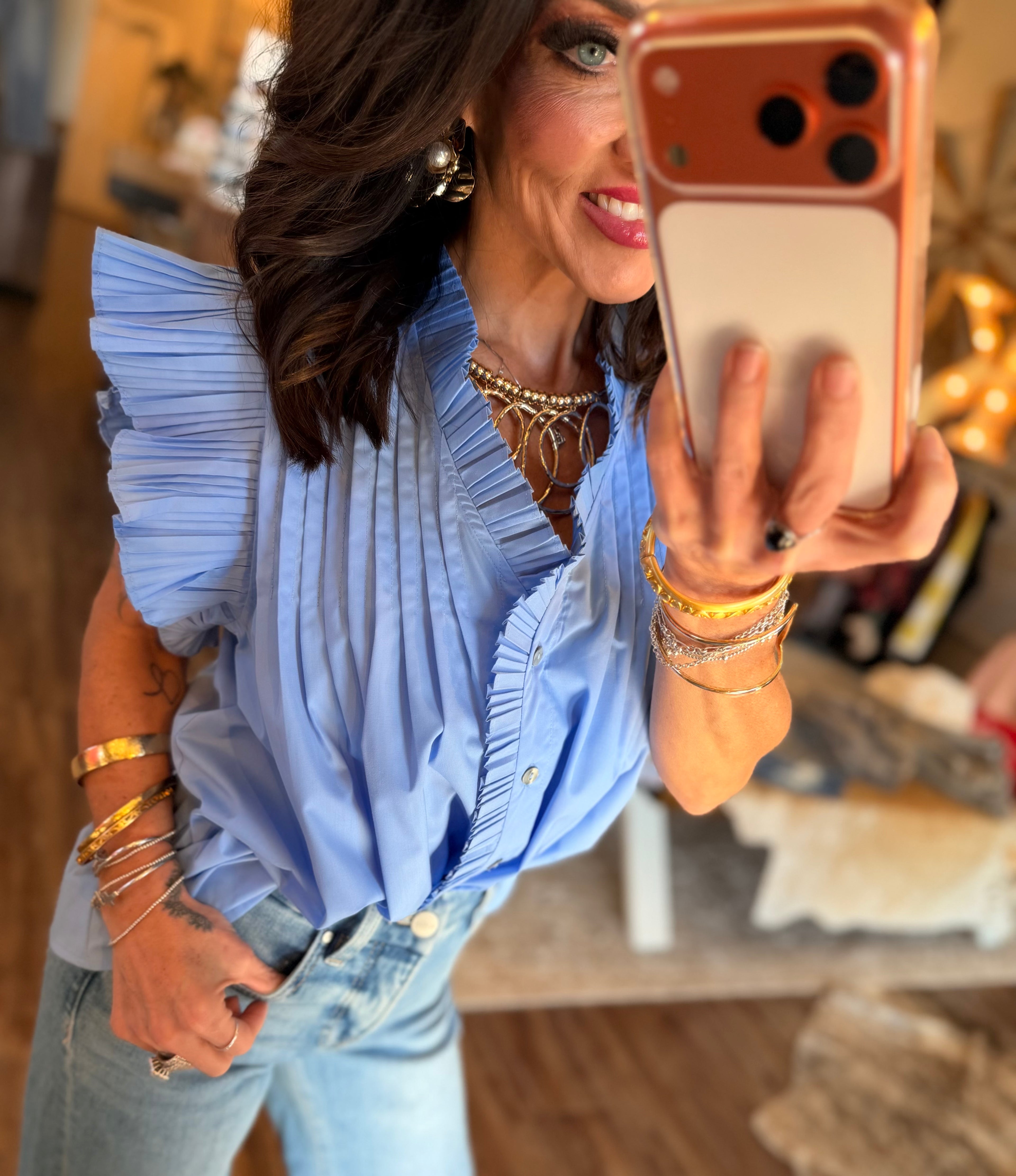 Blue Ruffle Sleeve Top