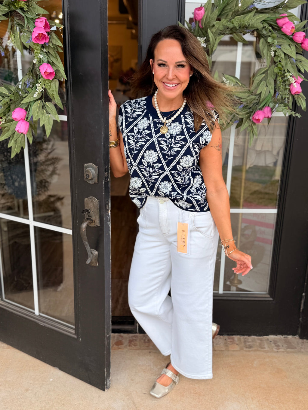 Floral Diamond Top in Navy