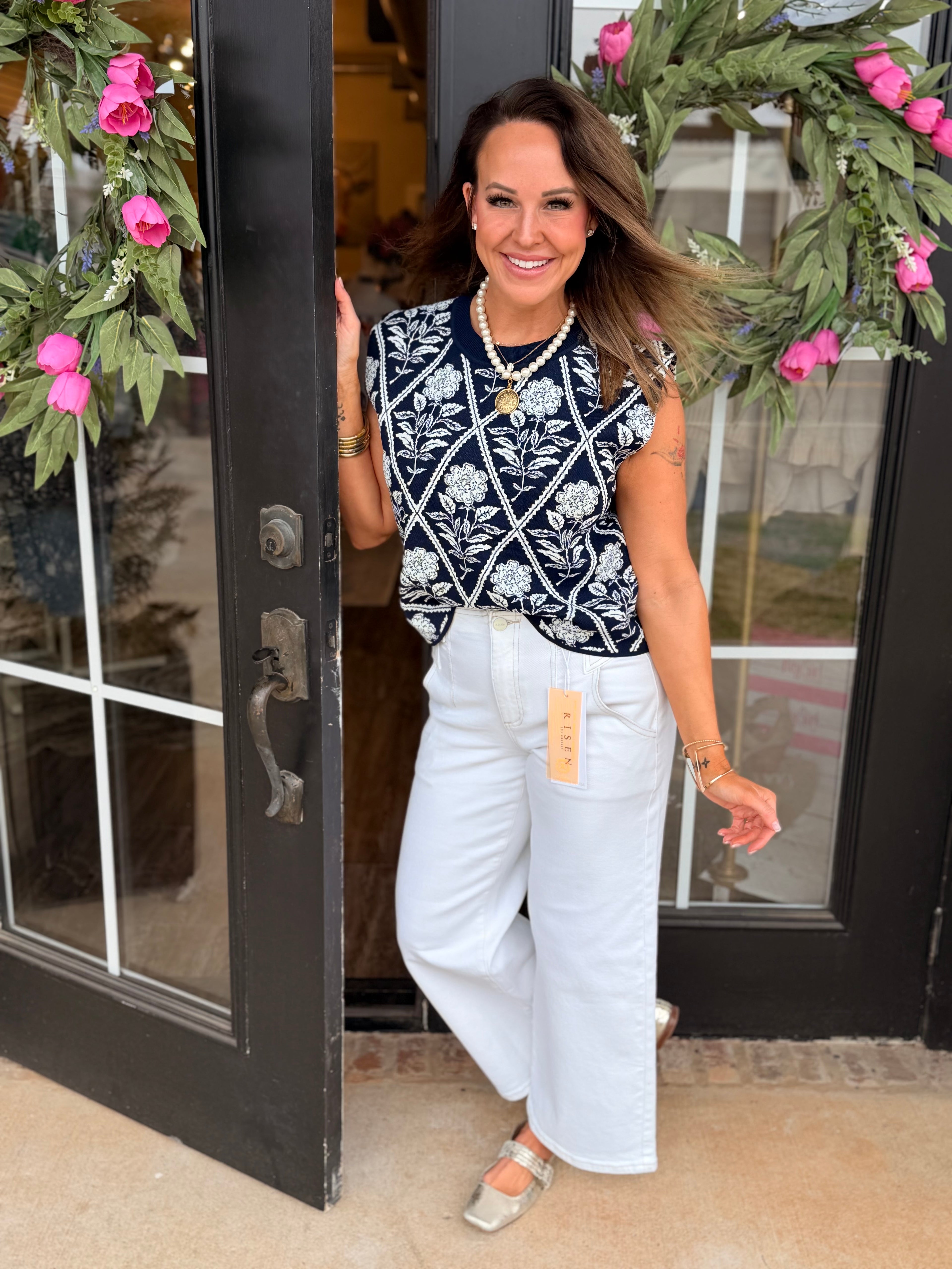 Floral Diamond Top in Navy