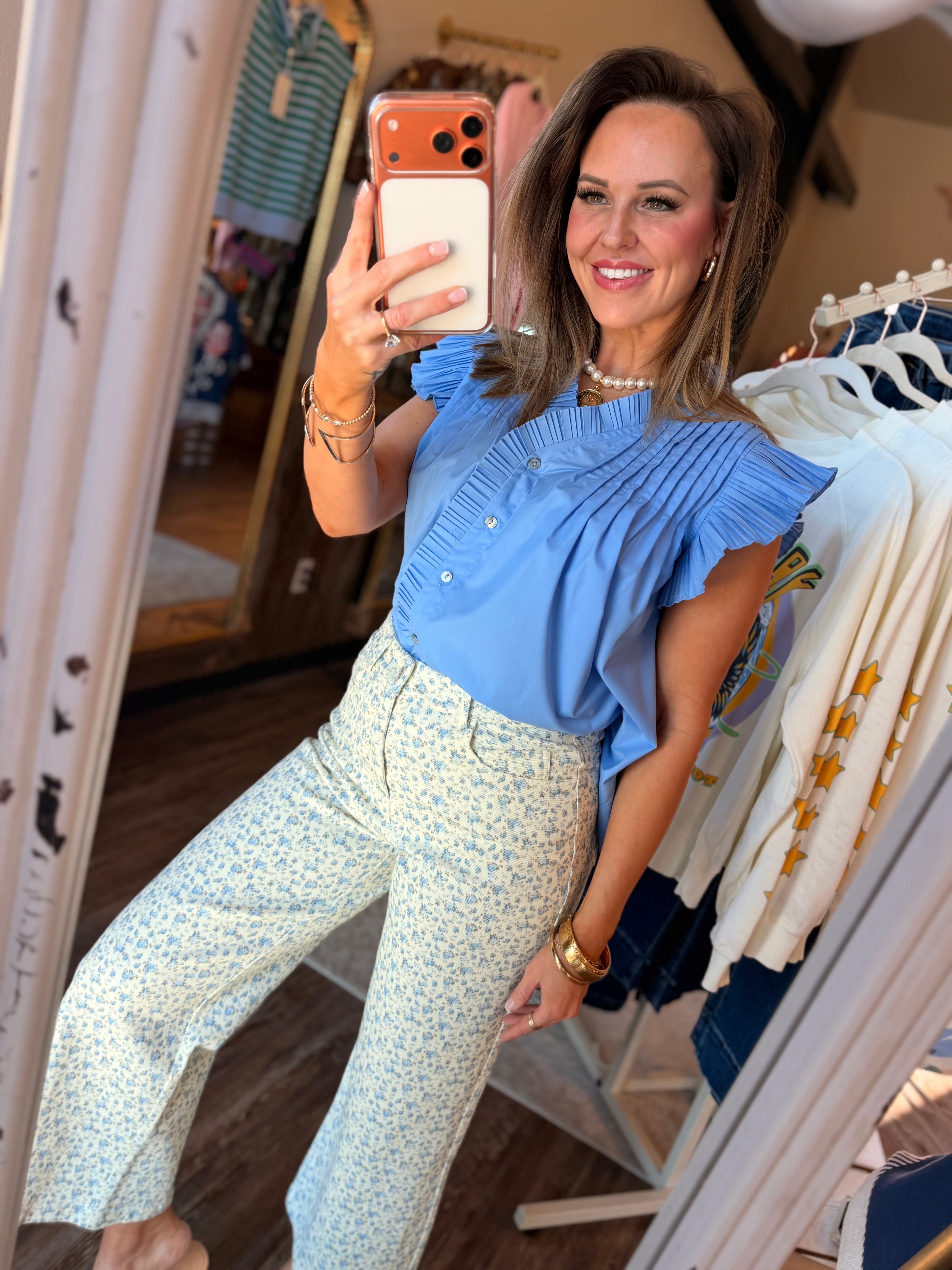 Blue Ruffle Sleeve Top